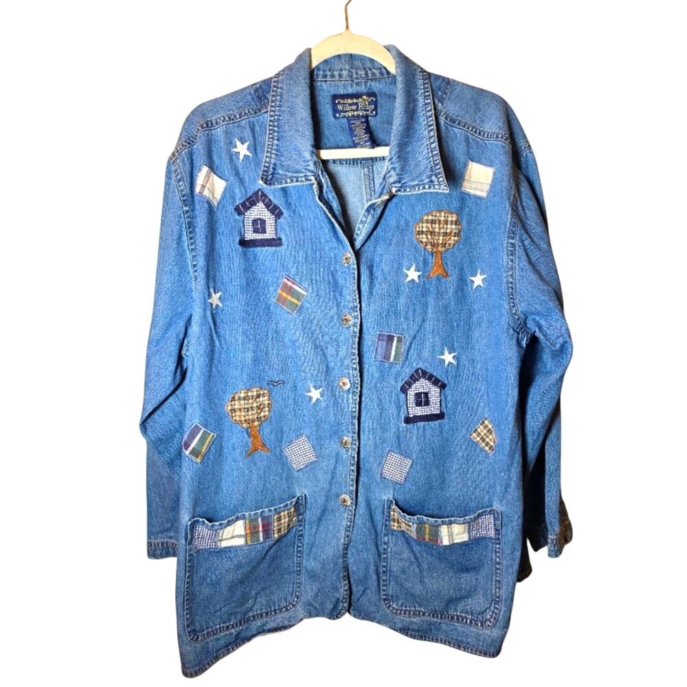 Vtg 90s hand Embroidered Denim Shacket Patchwork Appliqué XL Cottagecore Grandma